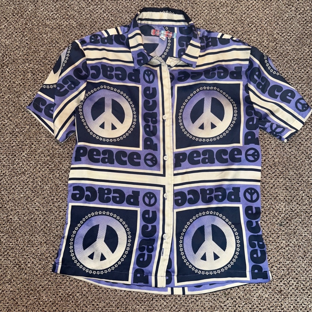 Urban Outfitters Peace Sign Graphic Print Short‎ Sleeve Button Down Shirt XS
